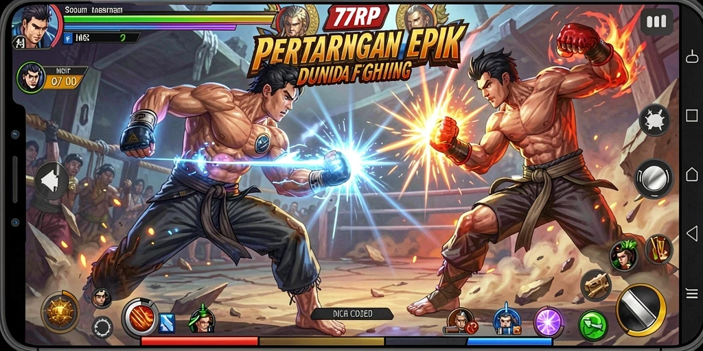 Screenshot gameplay 77RP yang menampilkan pertarungan epik antar karakter.