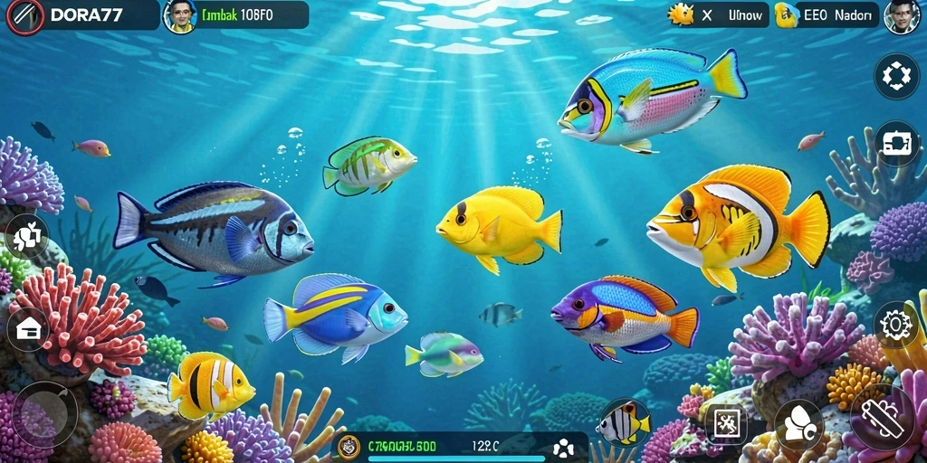Screenshot DORA77 menampilkan gameplay seru saat menembak ikan.