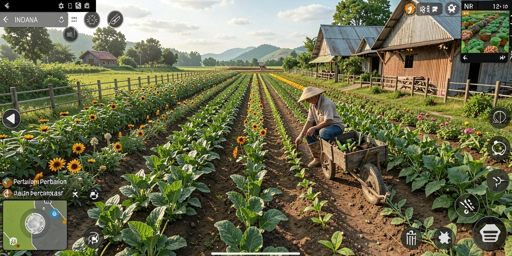 Tampilan gameplay Farming yang menarik dan penuh warna di INDAAA.