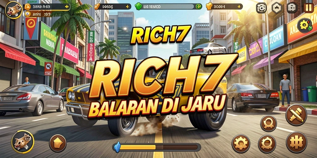 Tangkapan layar gameplay RICH7 menampilkan mobil balap yang melaju kencang di trek yang menantang.