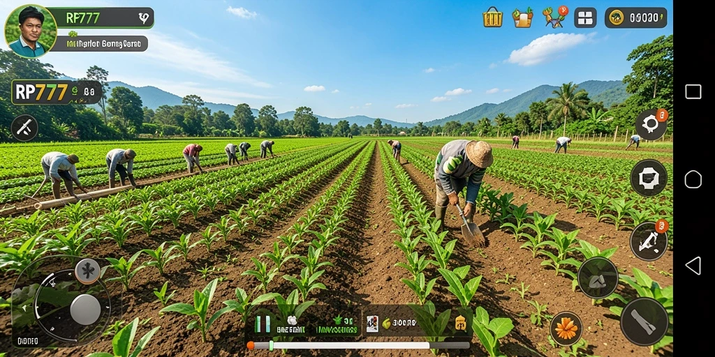 Screenshot utama RP777 menampilkan gameplay bertani yang menarik.