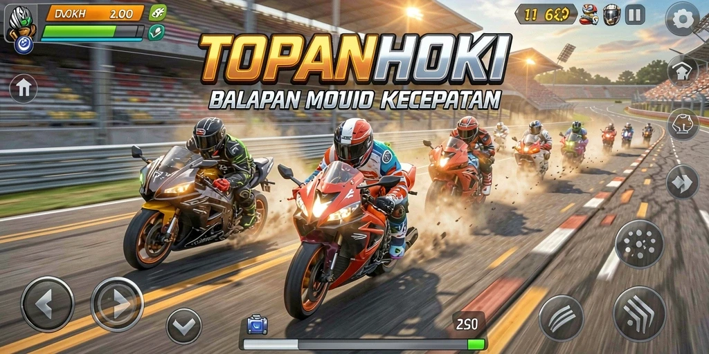 Screenshot gameplay TOPANHOKI yang menunjukkan aksi balapan motor yang mendebarkan.