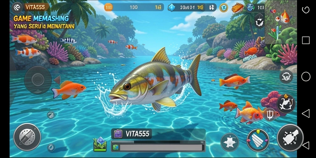 Screenshot gameplay VITA555 menampilkan aksi menangkap ikan di lokasi menakjubkan.