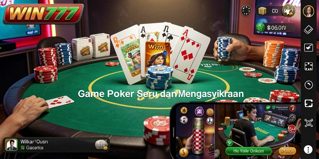 Screenshot gameplay WIN777 menampilkan suasana meja Poker yang seru.